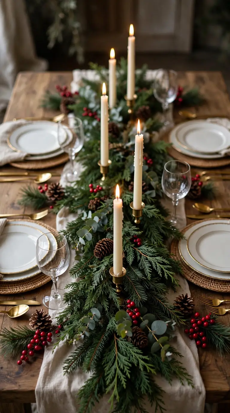 Christmas garland table runner down the centre of a dining table with candles