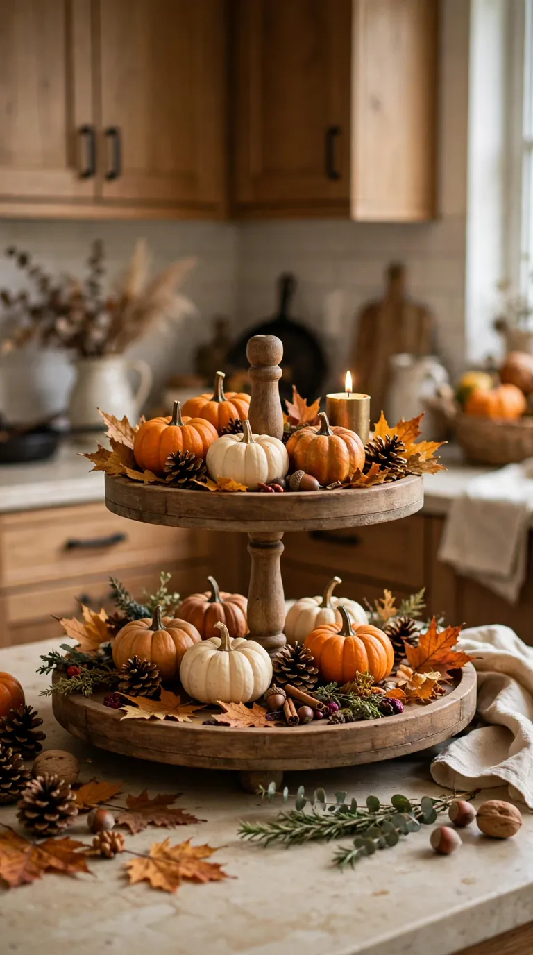 Two tier wooden tray with mini pumpkins, pinecones, and autumn leaves on a kitchen counter