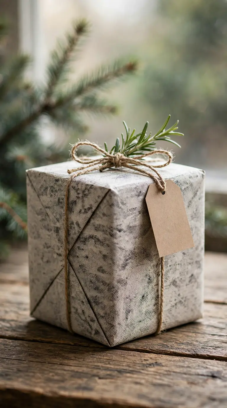 Gift wrapped in vintage newspaper with twine and rosemary