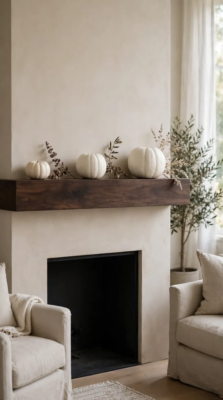 16 Thanksgiving Fireplace Decor Ideas for a Cozy Family Gathering Minimal Thanksgiving fireplace mantel with white pumpkins spaced along the shelf