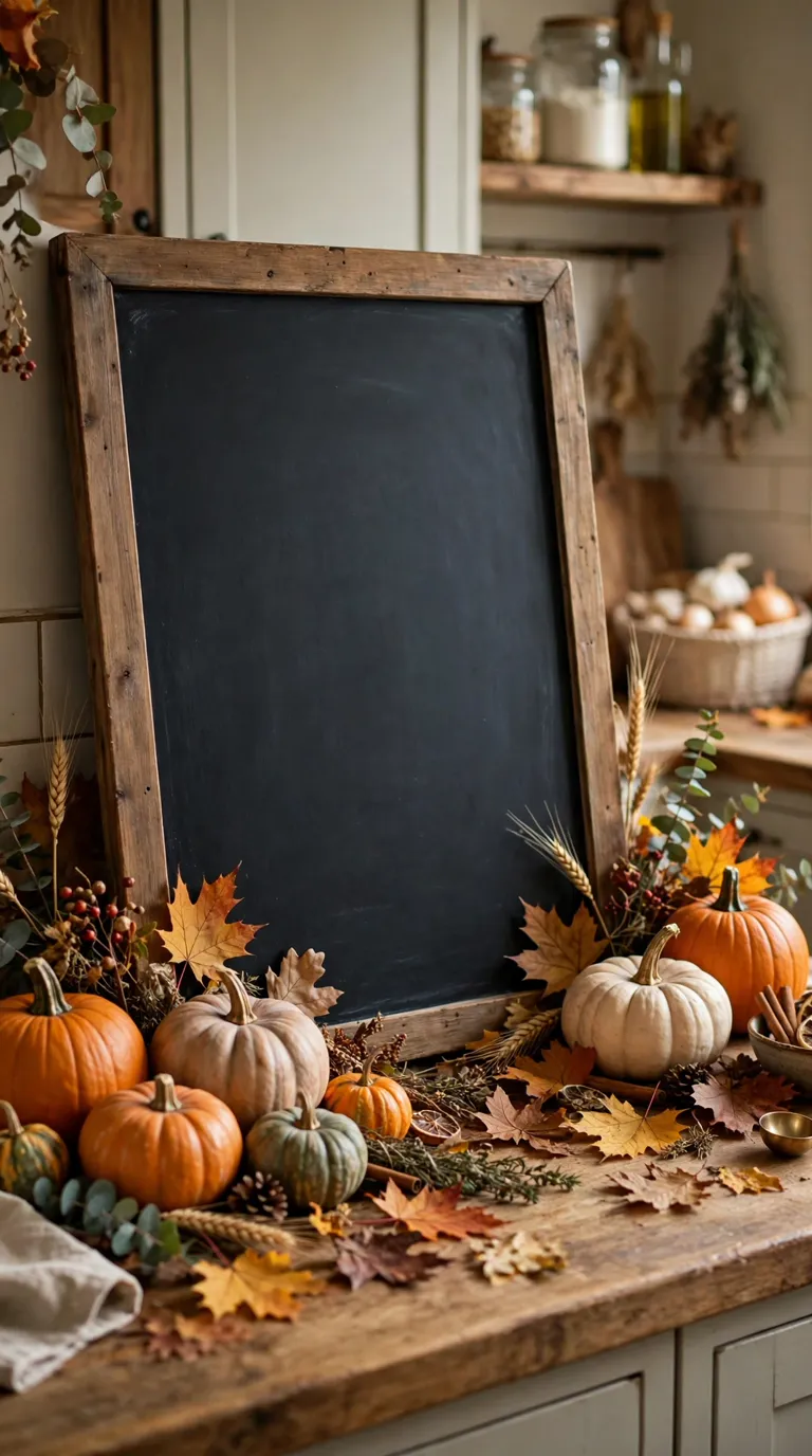 Wooden framed chalkboard menu board on a kitchen counter surrounded by pumpkins and autumn leaves