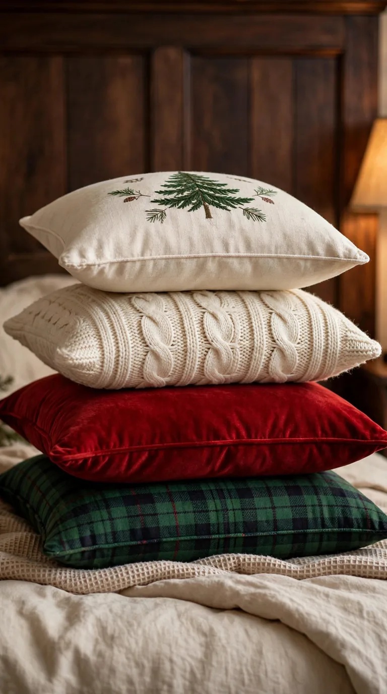 17 Christmas Bedroom Decor Ideas for a Cozy Holiday Retreat Cozy stack of Christmas throw pillows in velvet, knit and plaid
