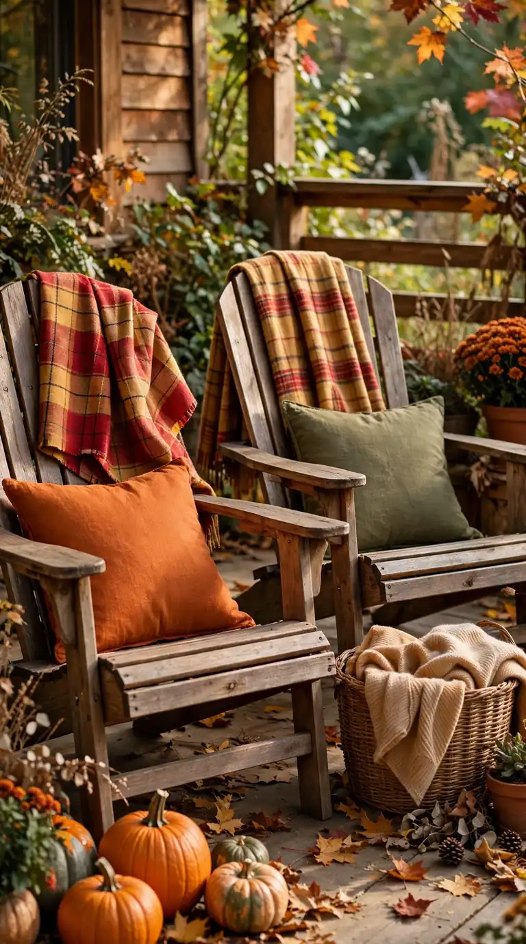 Porch chairs with plaid throws and autumn pillows for Thanksgiving guests