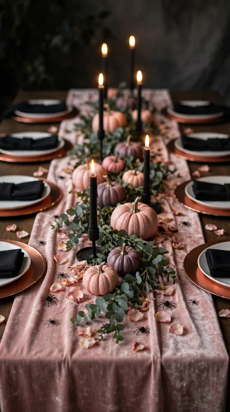 14 Pink Halloween Decor Ideas for a Spooky Pastel Look Pink Halloween decor dining tablescape with velvet runner, black candles and blush pumpkins