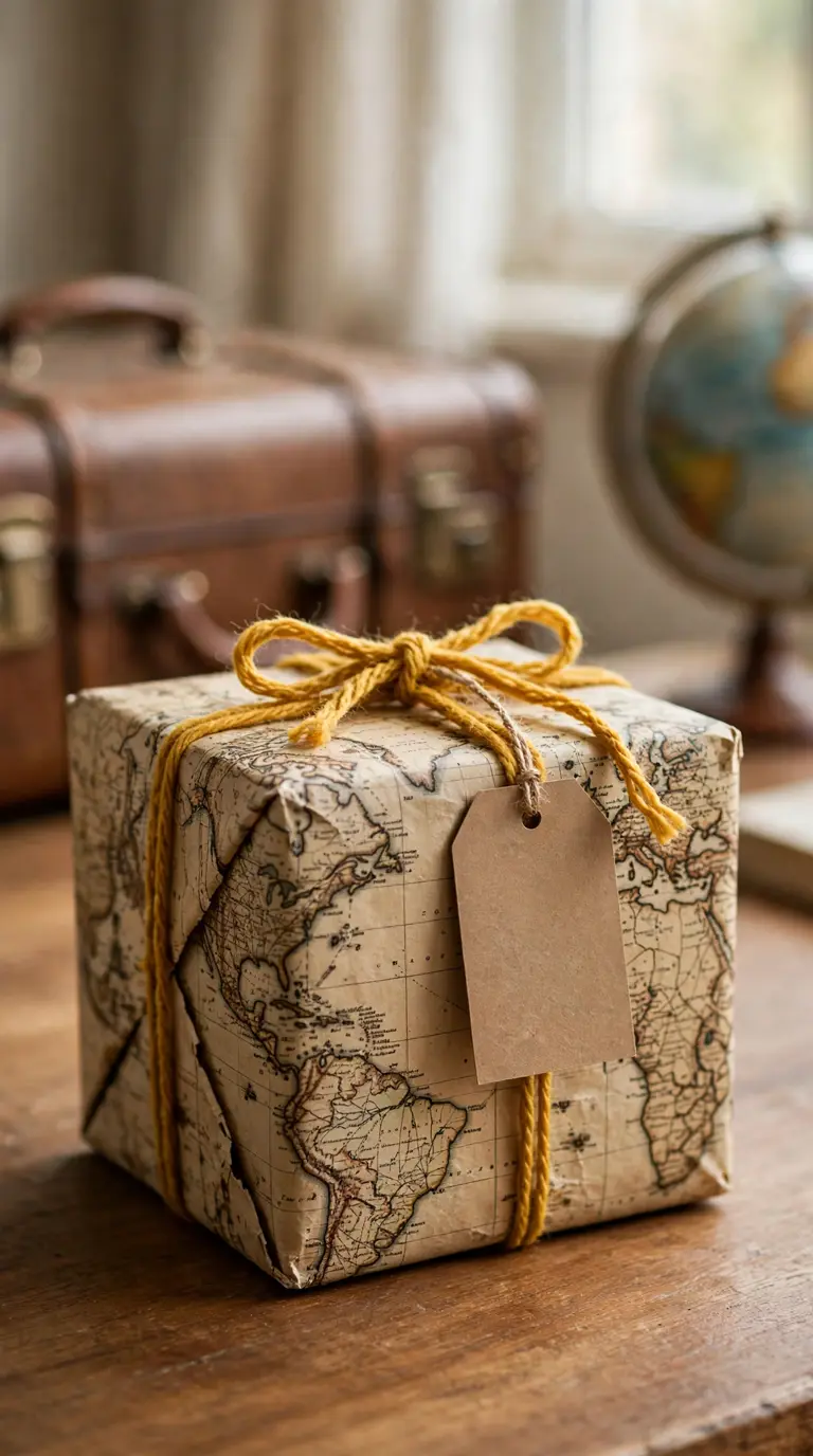 Gift wrapped in vintage map paper with yarn ribbon
