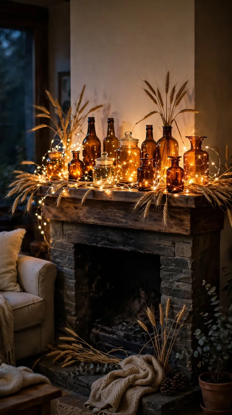 16 Thanksgiving Fireplace Decor Ideas for a Cozy Family Gathering Thanksgiving fireplace mantel glowing with amber glass bottles and fairy lights