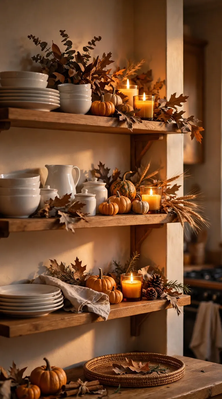 Open wooden kitchen shelves with white dishes, amber candles, and small pumpkins in warm evening light