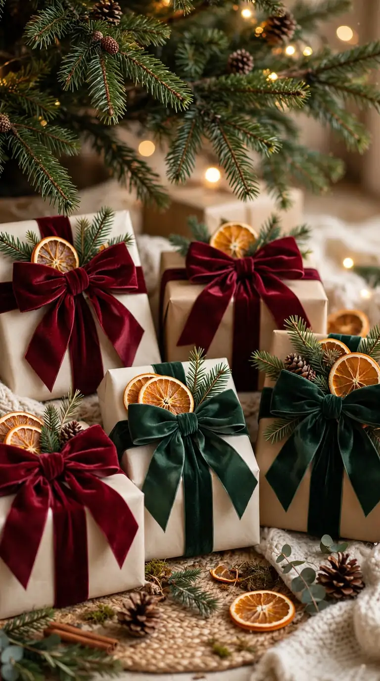 Christmas gifts wrapped with oversized velvet bows in burgundy and green