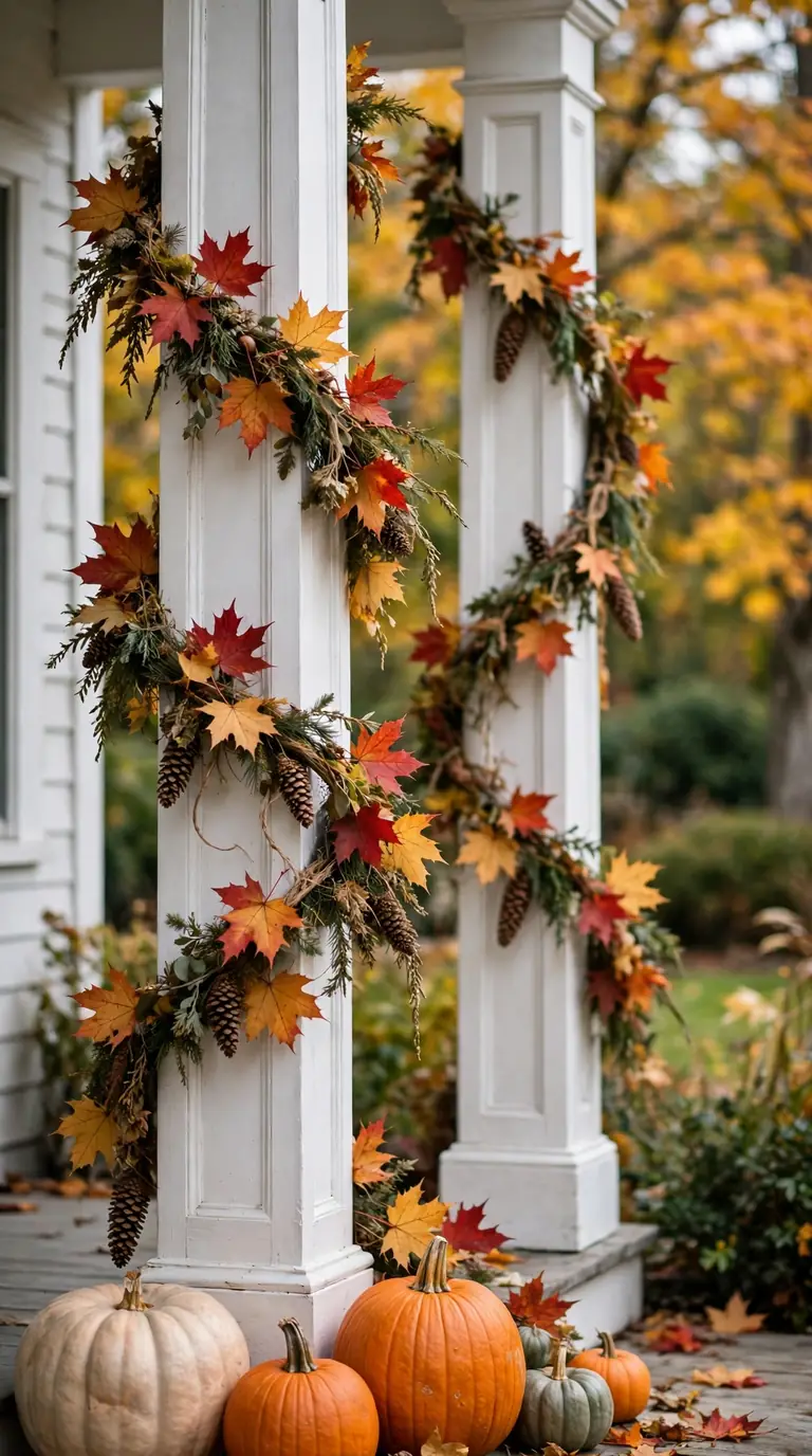 Fall foliage garland wrapped around porch columns with pinecones