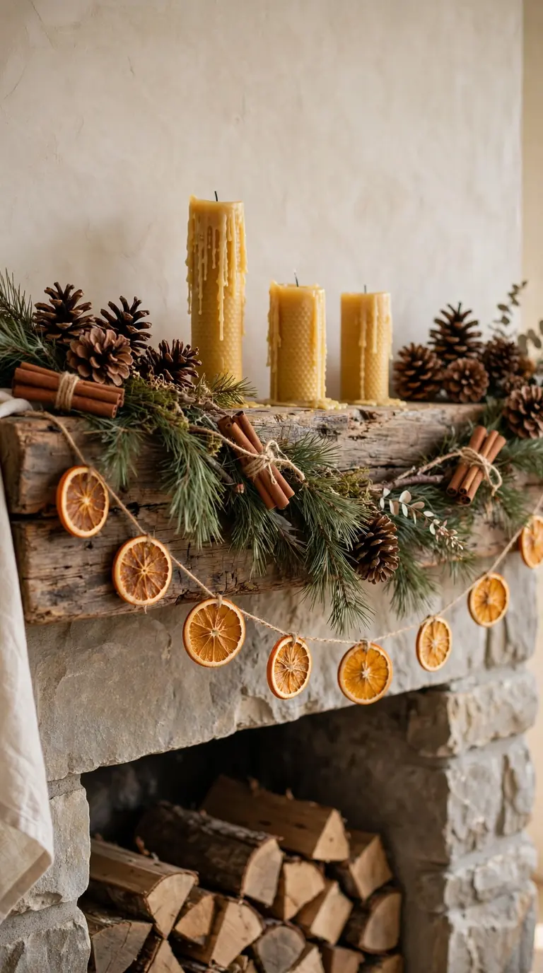16 Christmas Mantel Decor Ideas for a Cozy Holiday Hearth Natural Christmas mantel with pinecone clusters, dried orange slice garland and beeswax candles