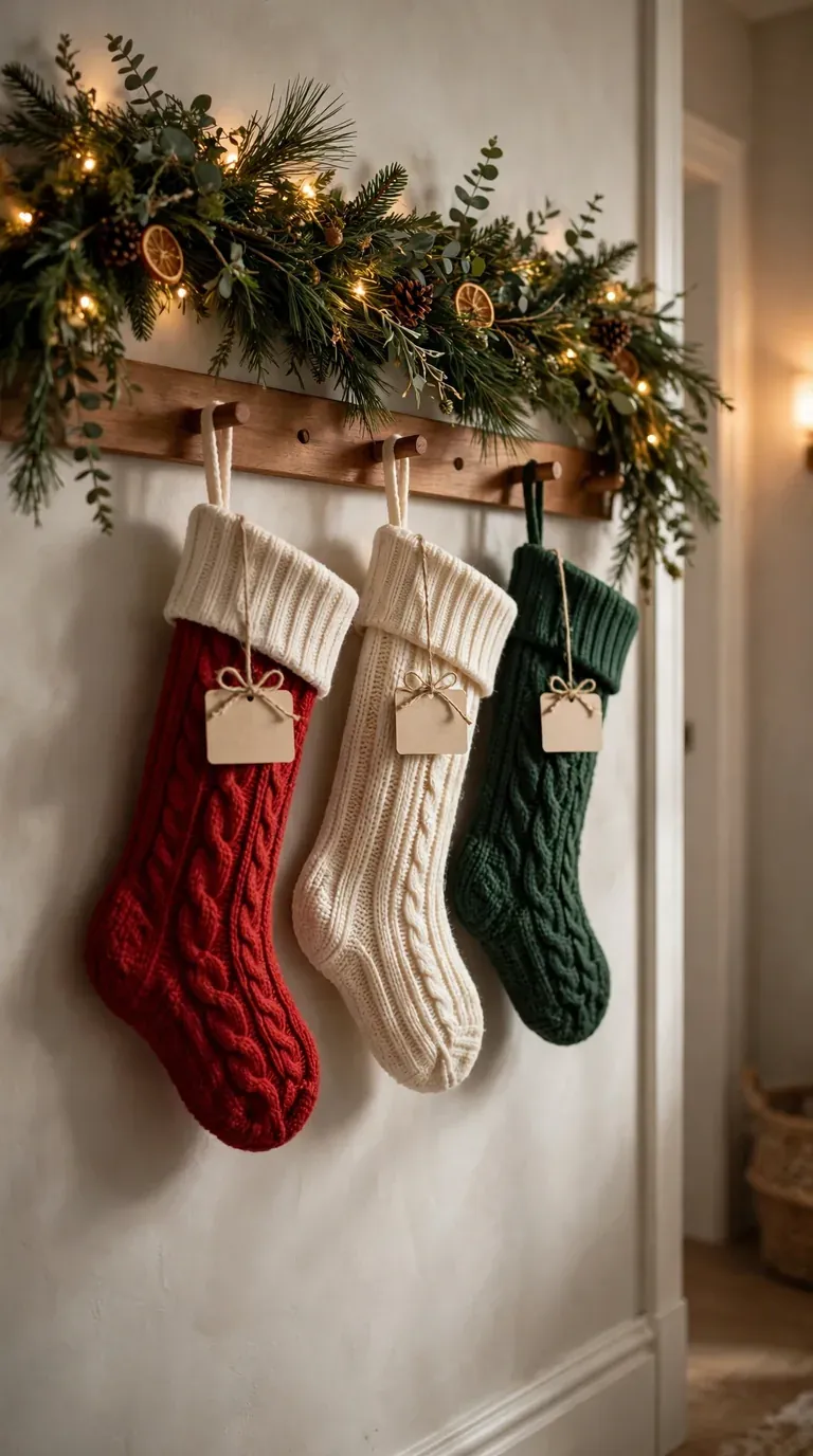 16 Christmas Hallway Decor Ideas for a Magical Holiday Welcome Christmas stockings hung in a row on a hallway peg rail
