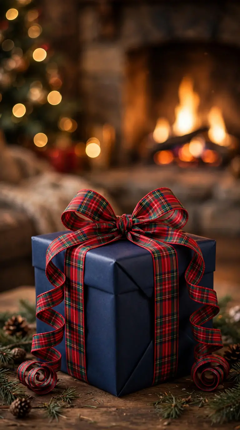 Navy gift box with red tartan plaid ribbon