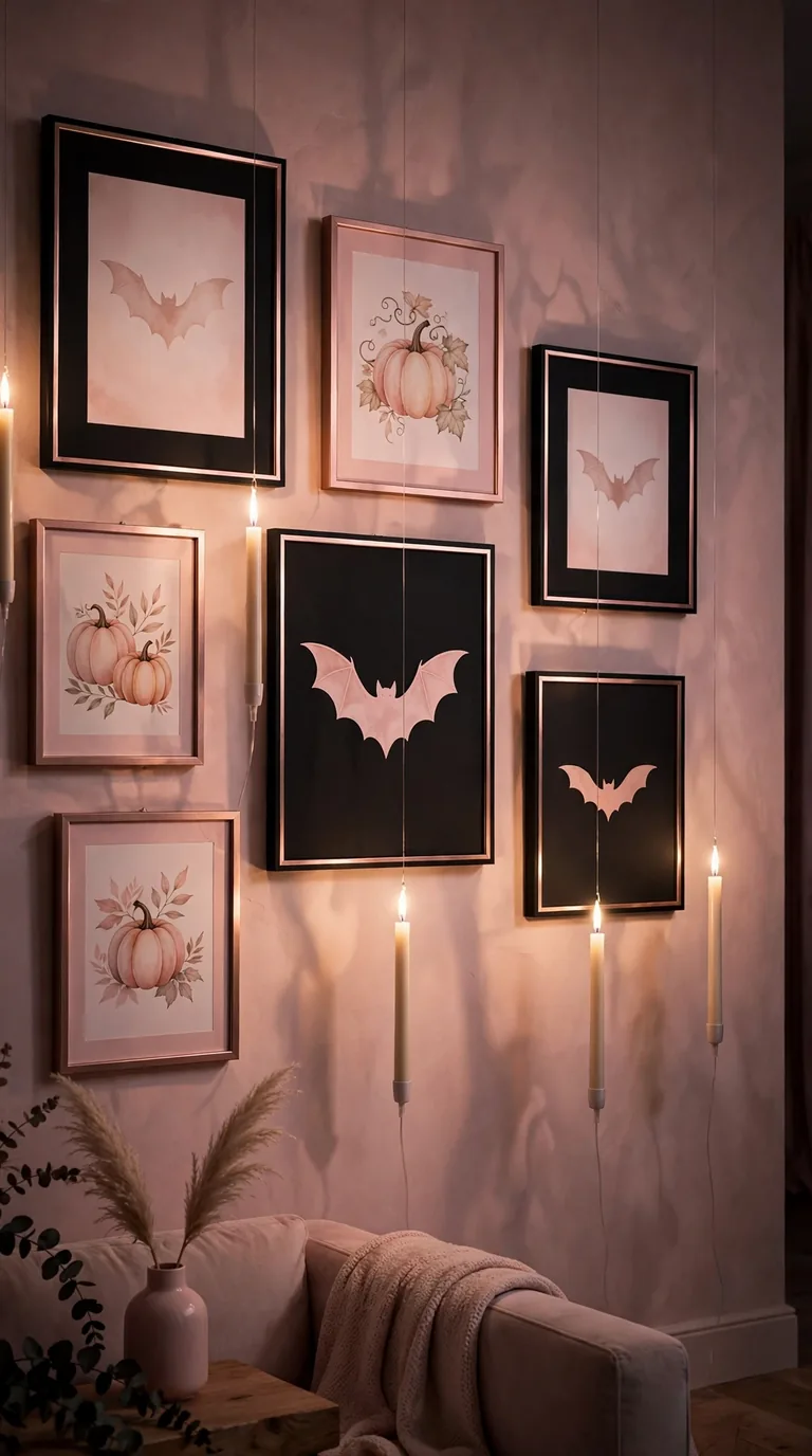 14 Pink Halloween Decor Ideas for a Spooky Pastel Look Gallery wall with pink bat art prints and floating LED candles in a pink Halloween decor living room