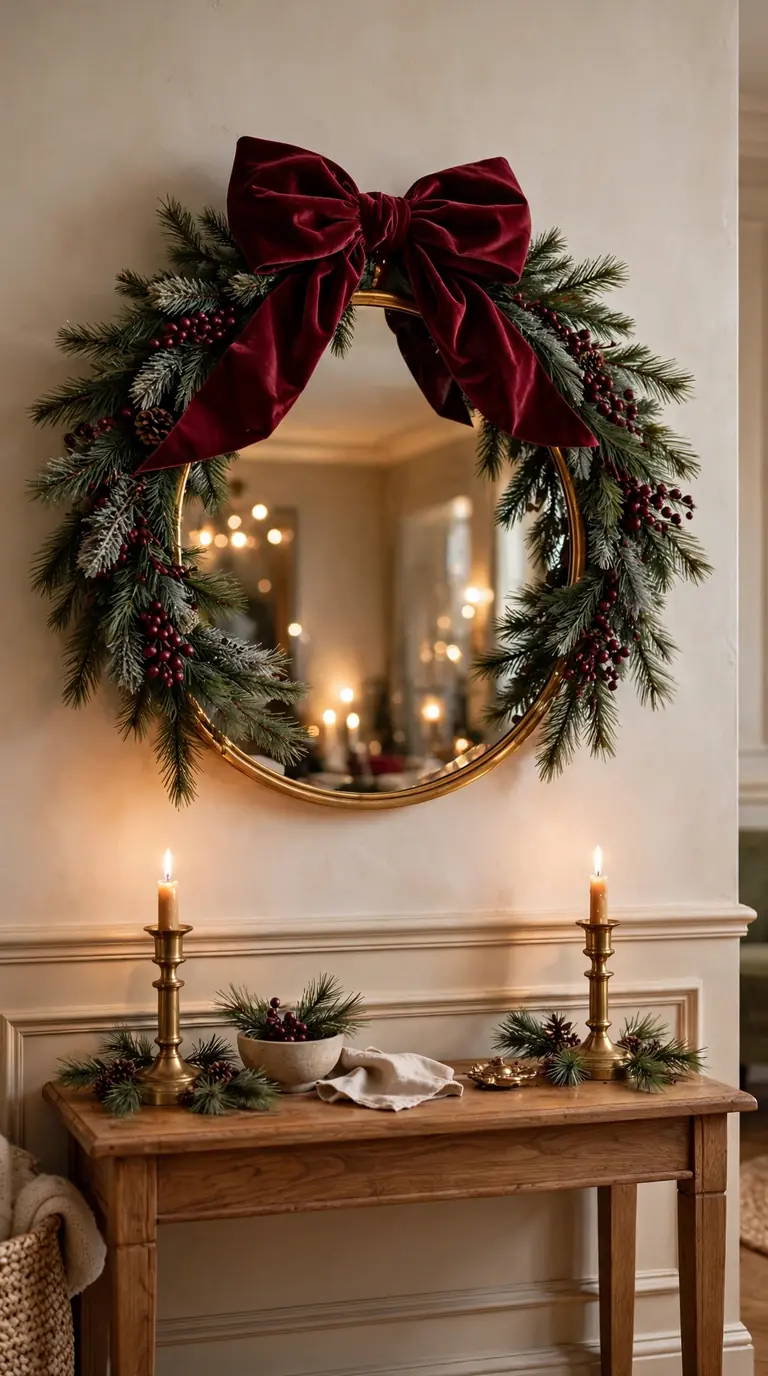 Pine wreath with burgundy berries and velvet bow hung over a round mirror