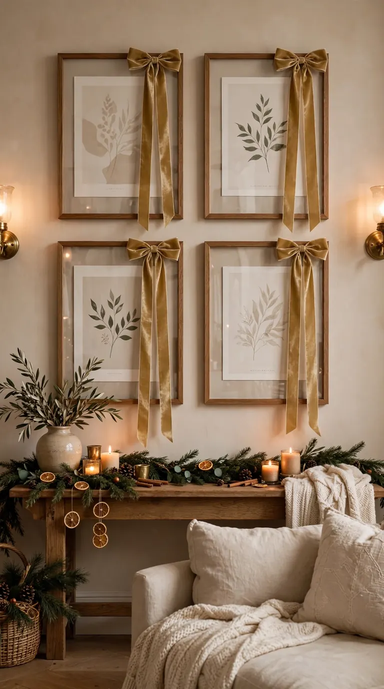 Framed art decorated with gold velvet bows at the top corners