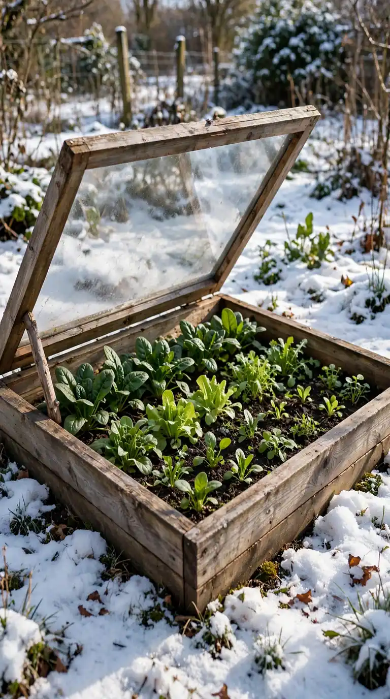 Cold frame with winter salad greens growing in a snowy garden