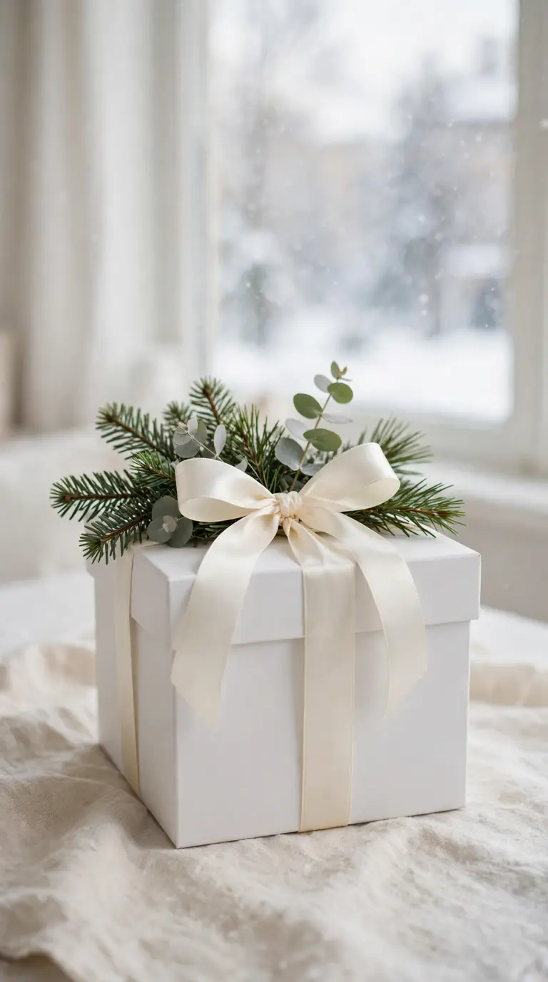 White gift box topped with fresh evergreen and eucalyptus sprigs