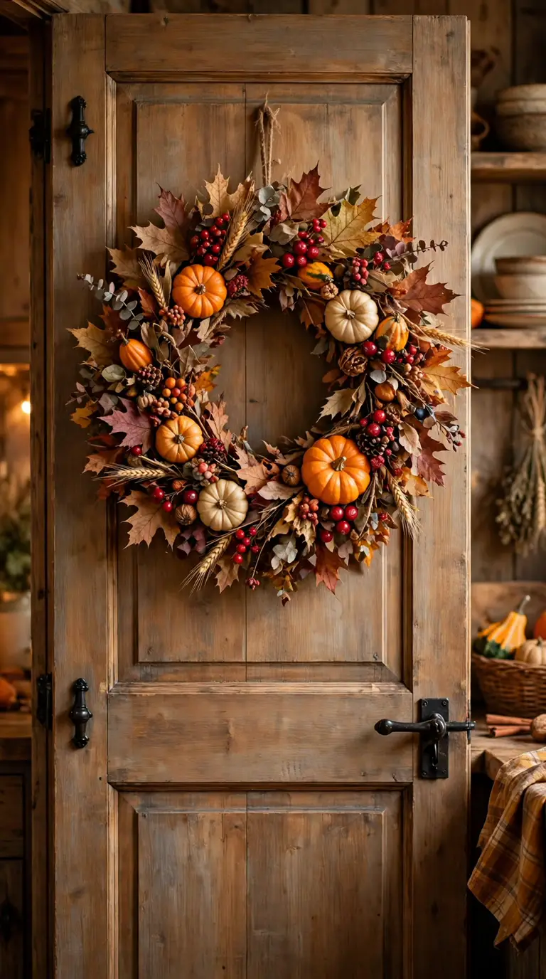 Fall wreath of dried leaves, berries, and mini pumpkins hanging on a kitchen pantry door