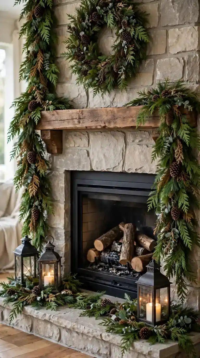 Layered cedar Christmas garland framing a fireplace surround with wreath and lanterns