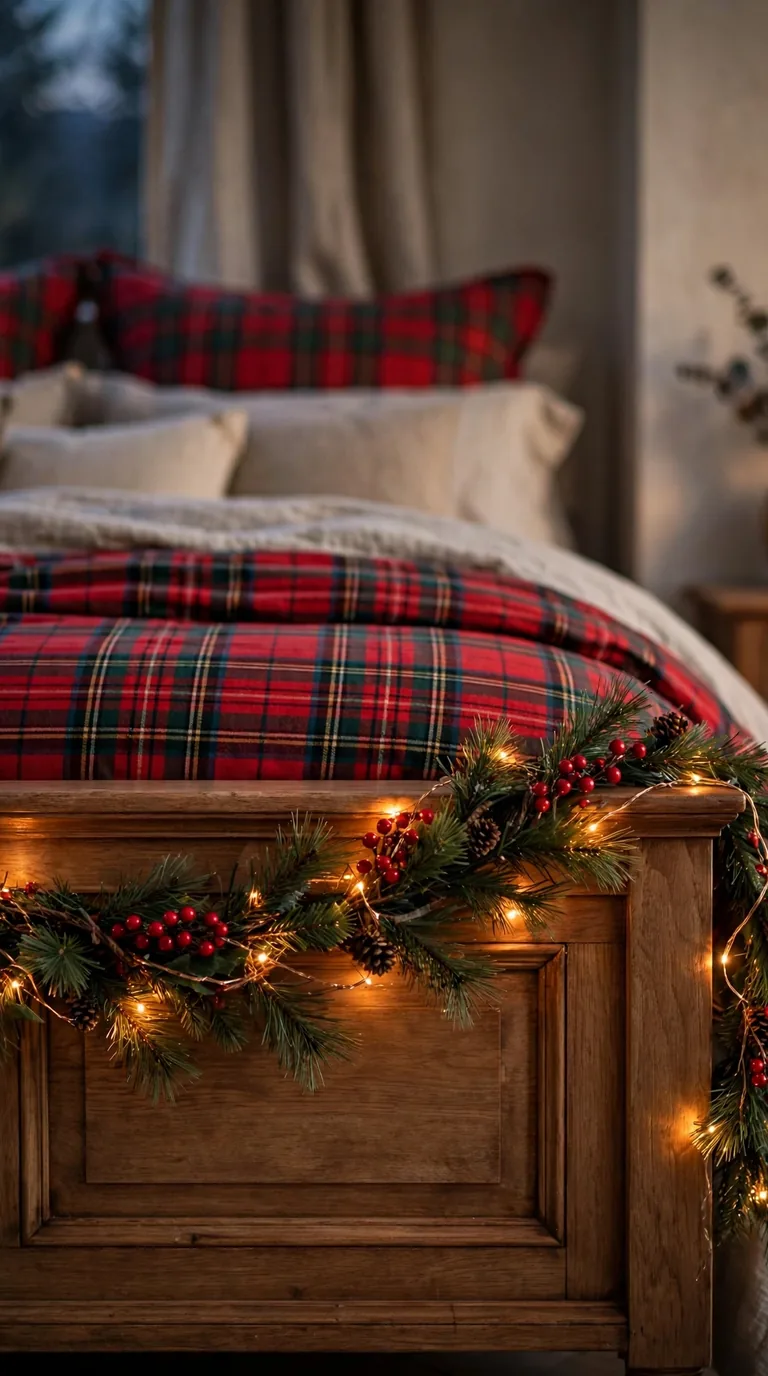 17 Christmas Bedroom Decor Ideas for a Cozy Holiday Retreat Pine garland with fairy lights draped along a bed footboard