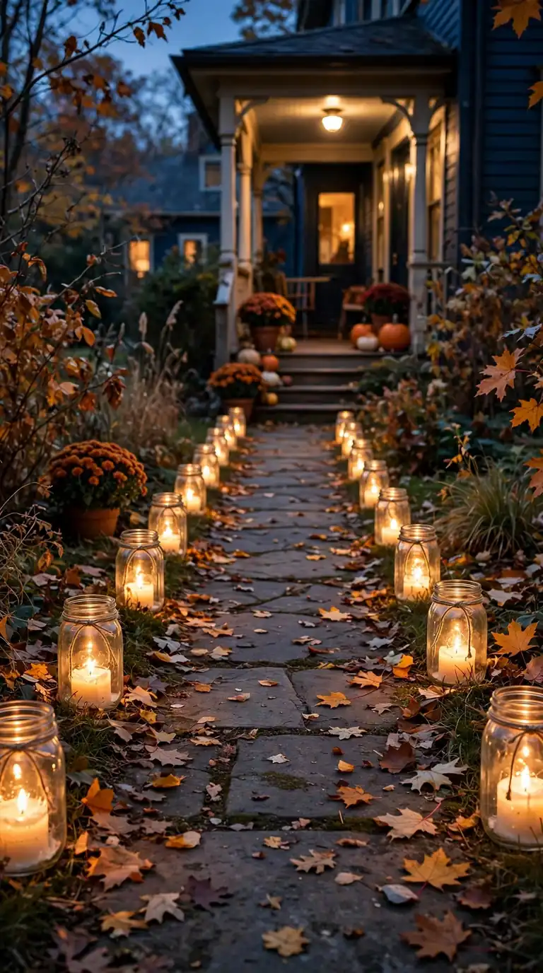 Mason jar lanterns with candles lining a front walkway at dusk