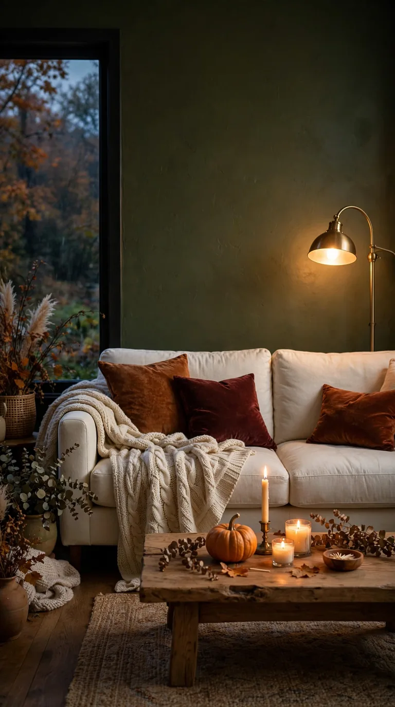 Living room with olive green accent wall behind sofa and warm fall decor