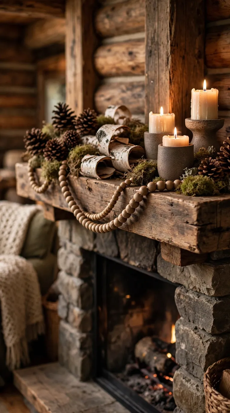 16 Thanksgiving Fireplace Decor Ideas for a Cozy Family Gathering Rustic woodland Thanksgiving fireplace mantel with pinecones, moss and candles