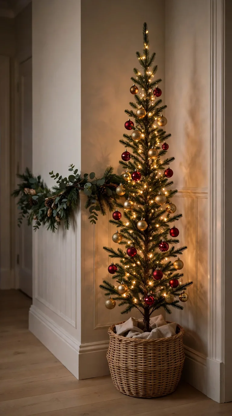 16 Christmas Hallway Decor Ideas for a Magical Holiday Welcome Slim Christmas tree with warm lights tucked into a hallway corner