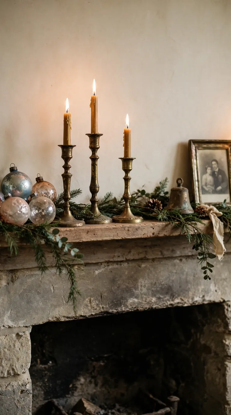 16 Christmas Mantel Decor Ideas for a Cozy Holiday Hearth Christmas mantel styled with vintage brass candlesticks, heirloom ornaments and an antique mirror