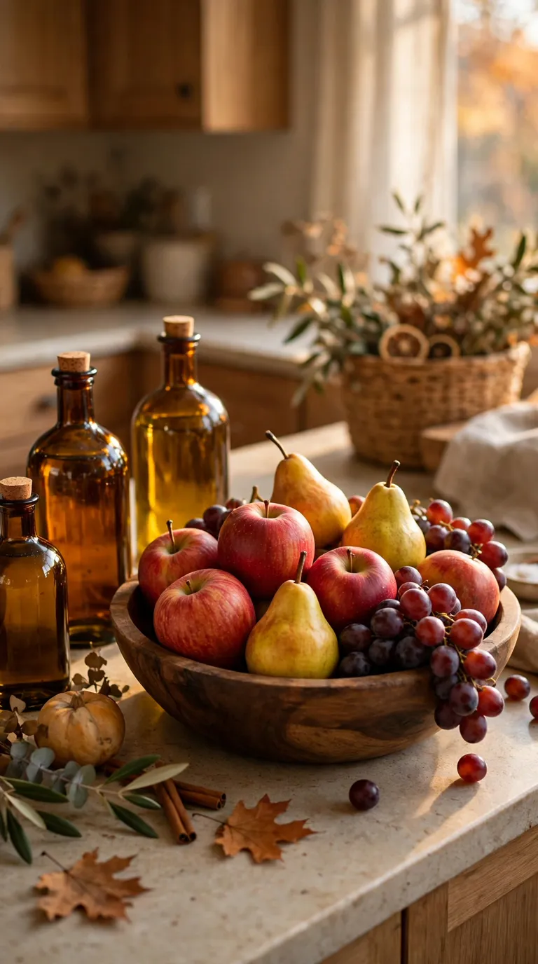 Amber glass bottles beside a wooden bowl of apples, pears, and grapes on a kitchen counter