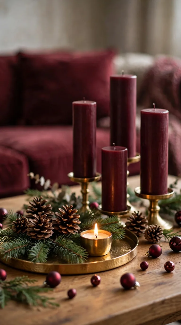 Coffee table styled with burgundy candles, pinecones and a gold tray