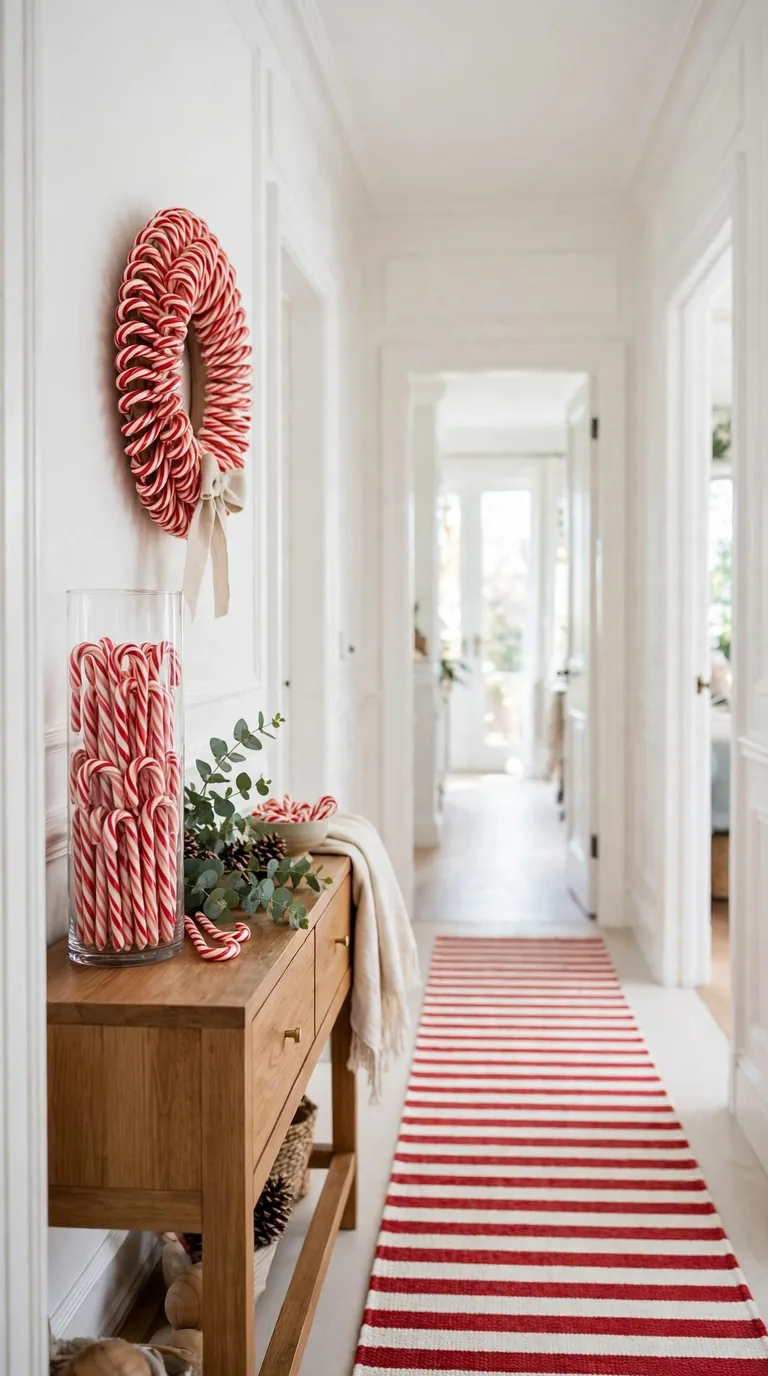 16 Christmas Hallway Decor Ideas for a Magical Holiday Welcome Red and white candy cane Christmas accents in a hallway