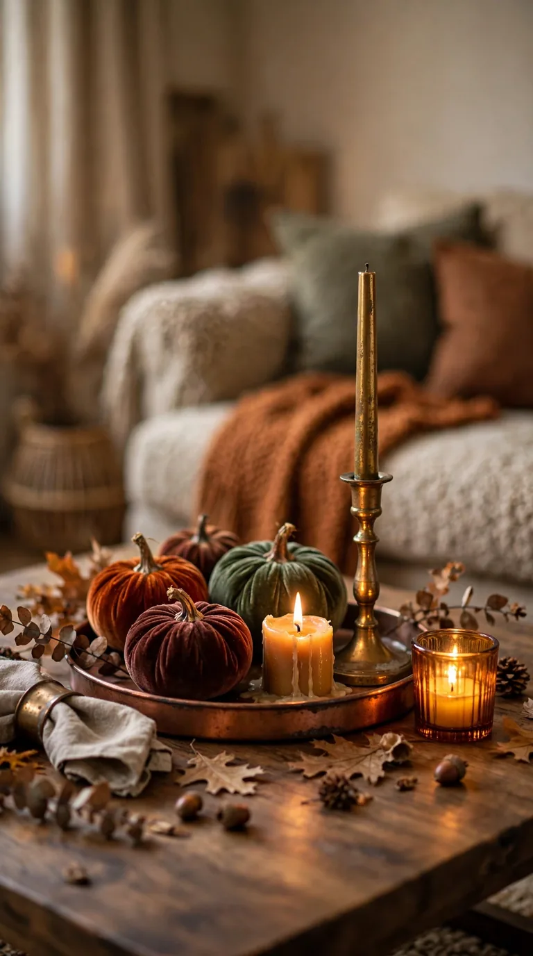 Copper and brass accents on a living room coffee table with fall decor