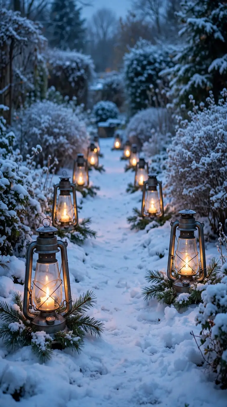Snowy garden path lined with glowing lanterns and pine boughs