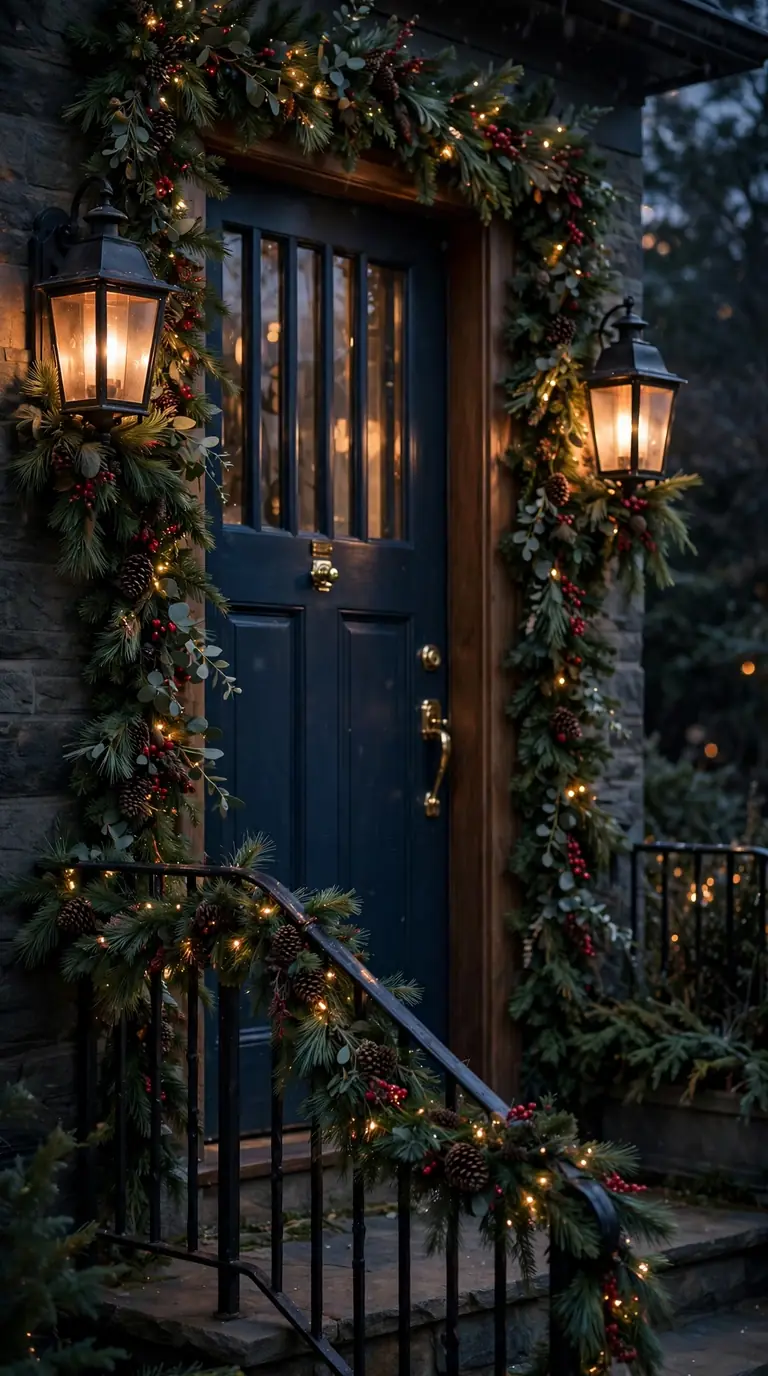 Christmas garland framing a front door entryway with warm porch lighting