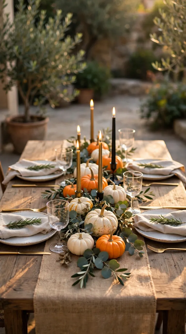 Outdoor Thanksgiving table with burlap runner, pumpkins, and candles