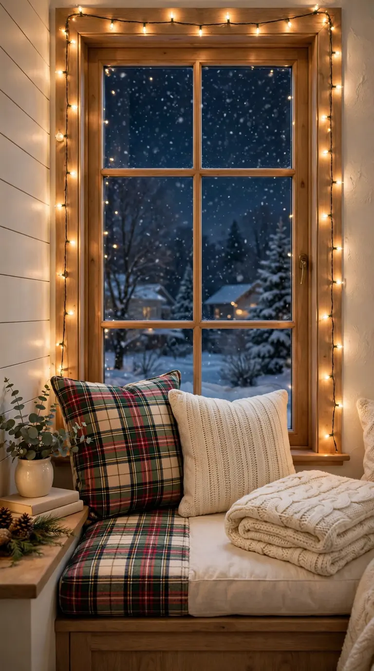 17 Christmas Bedroom Decor Ideas for a Cozy Holiday Retreat Window seat reading nook with Christmas cushions and lights