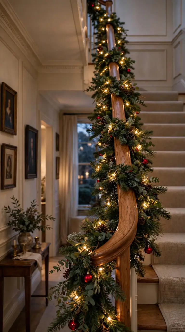 Staircase banister wrapped in pine garland with warm white fairy lights