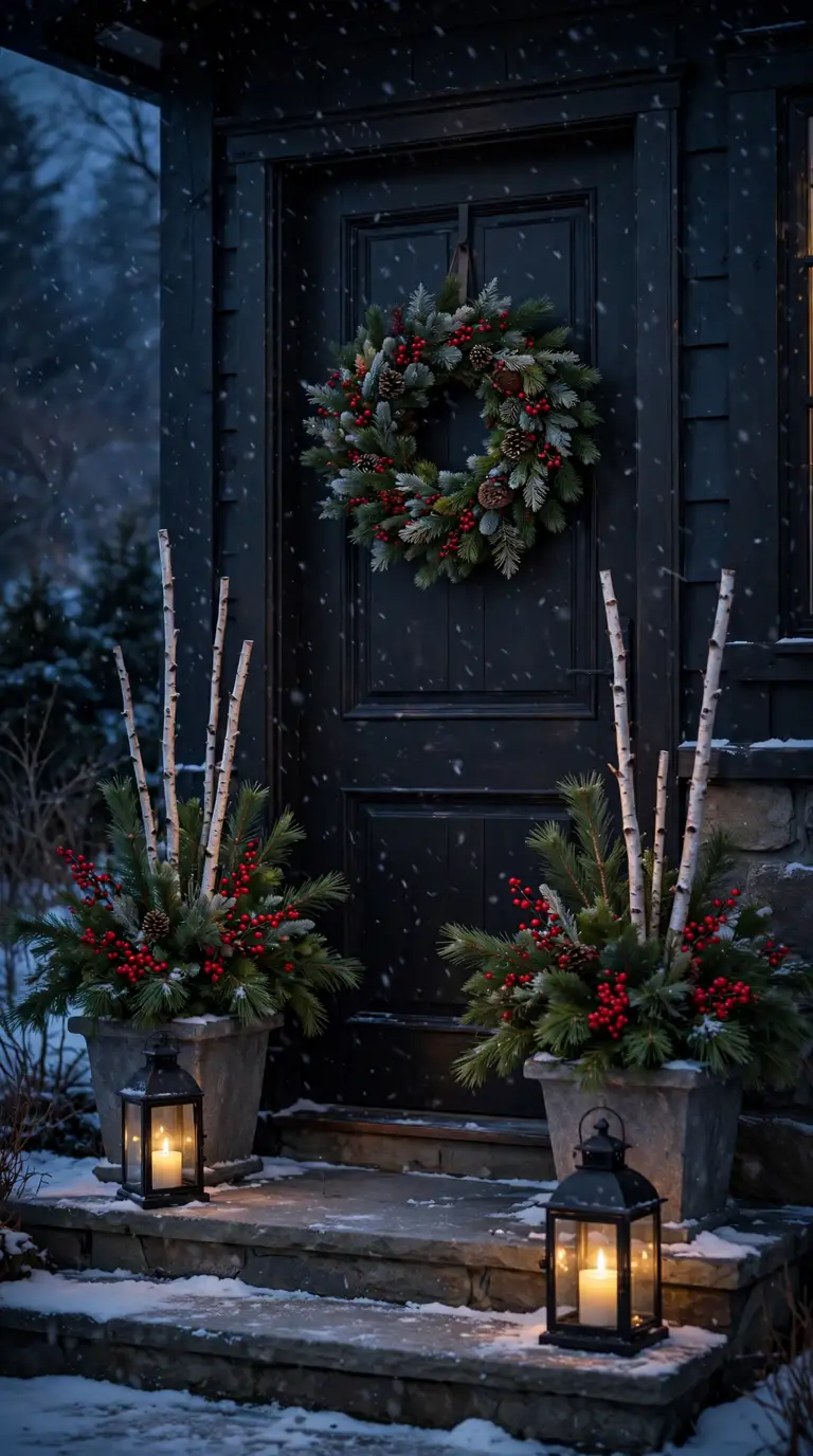 Front door flanked by Christmas planters with pine and red berries