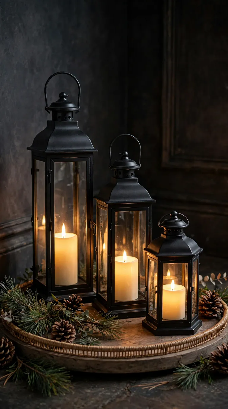 Cluster of black metal lanterns with candles beside a Christmas garland