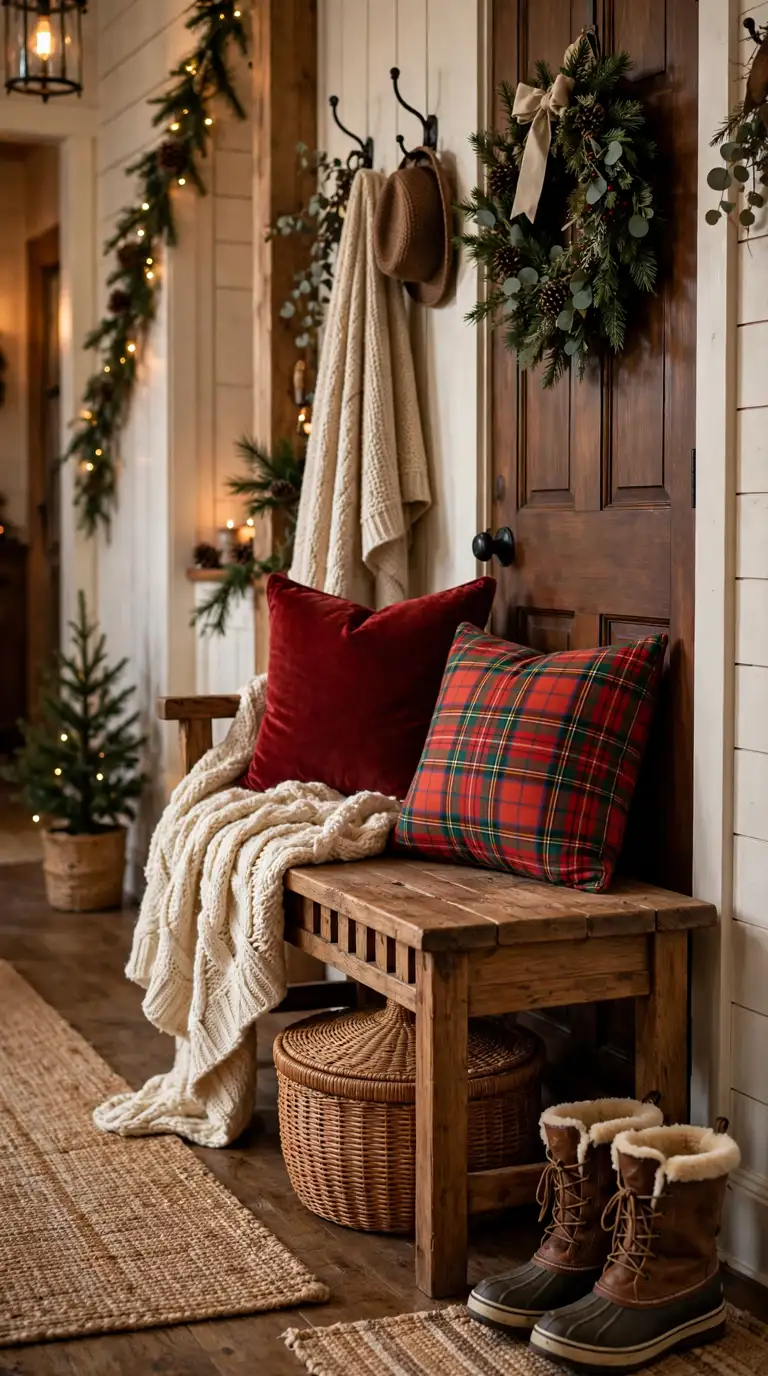 Wooden entryway bench styled with a chunky knit throw and Christmas cushions