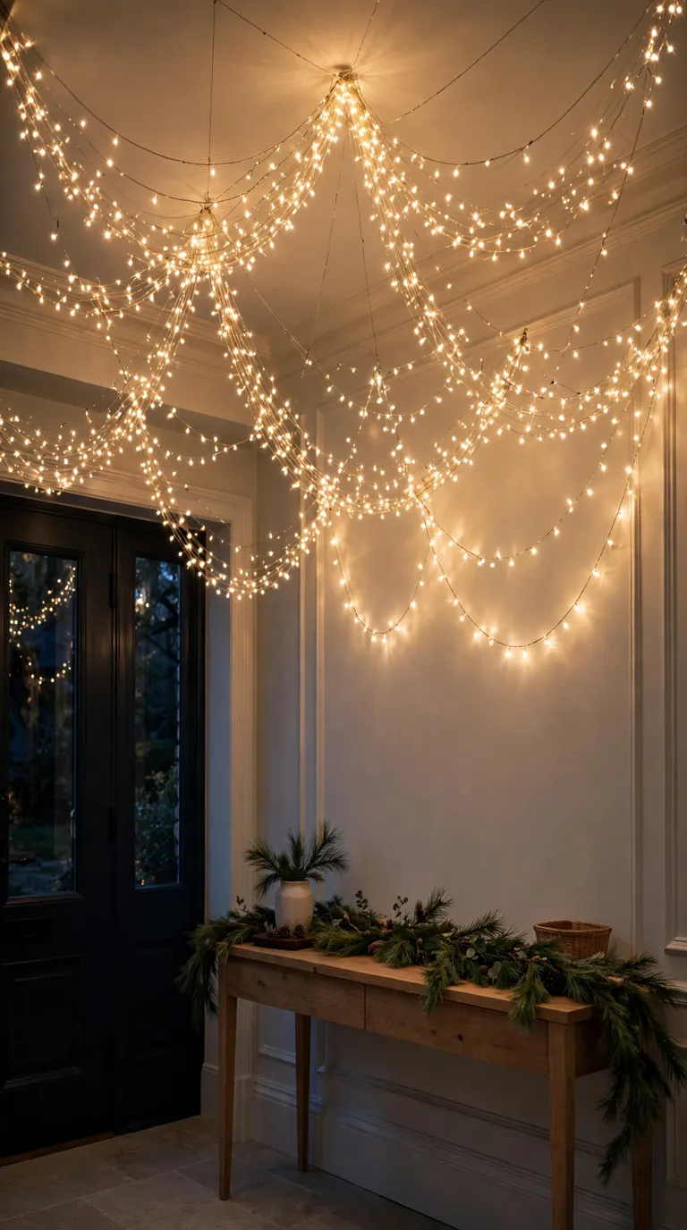 Entryway ceiling draped with warm fairy lights like a glowing canopy