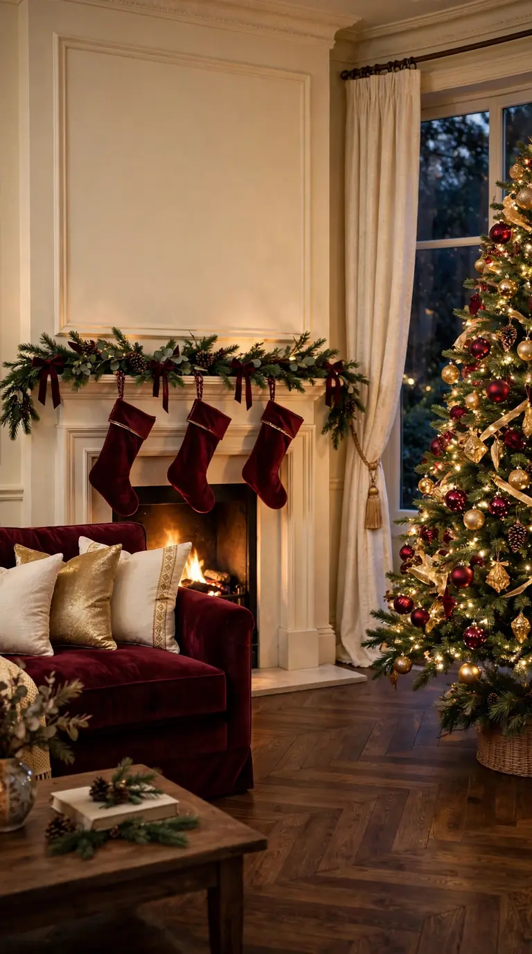 Elegant living room with burgundy Christmas decor, velvet sofa, gold ornaments and glowing tree