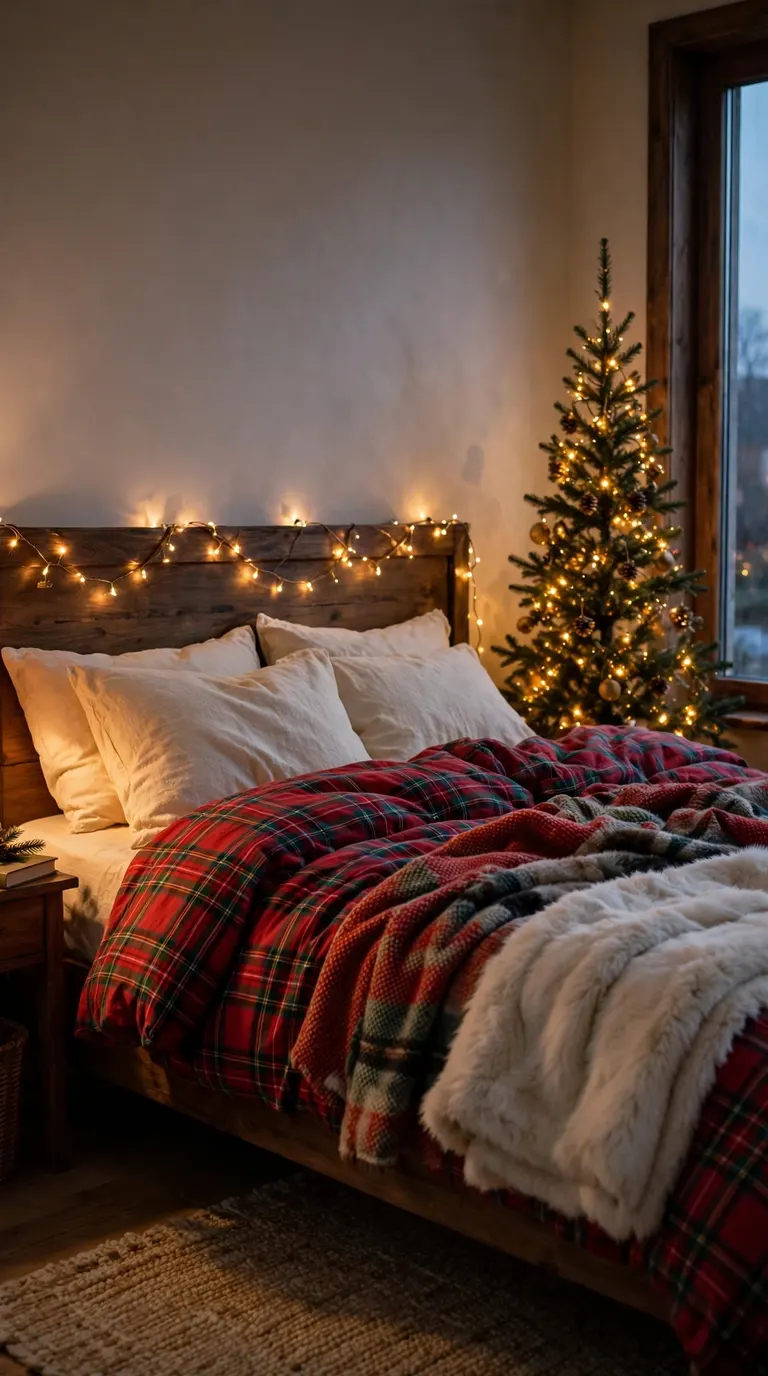 Cozy Christmas bedroom with plaid bedding, glowing tree and fairy lights