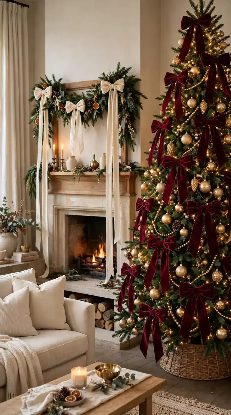 Elegant Christmas living room with velvet bow decor on tree and mantel