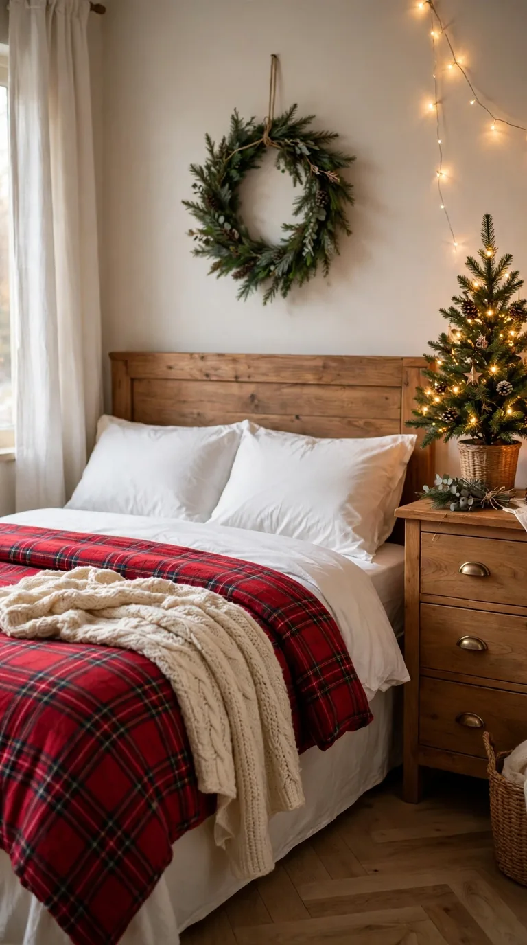 Cozy Christmas guest bedroom with plaid bedding, tabletop tree and wreath