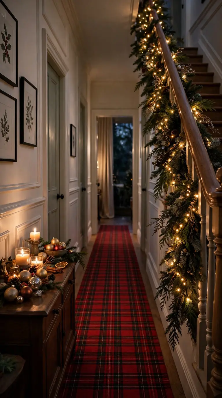 Magical christmas hallway decor with an evergreen garland, warm fairy lights and a festive runner welcoming guests