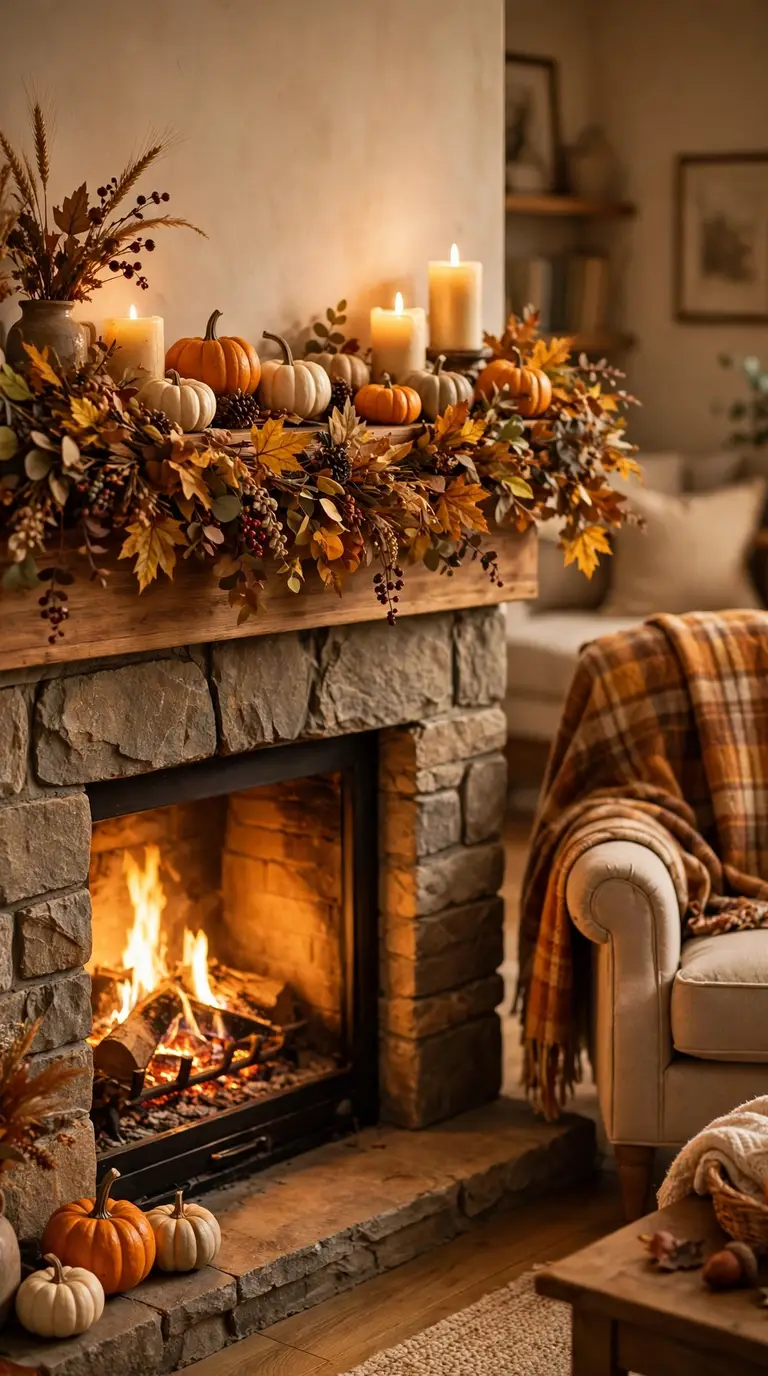 Cozy Thanksgiving fireplace decor with autumn garland, pumpkins and glowing candles on the mantel