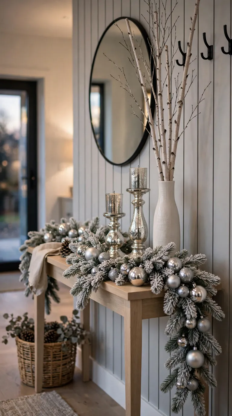 Frosted pine garland with silver ornaments on an entryway console