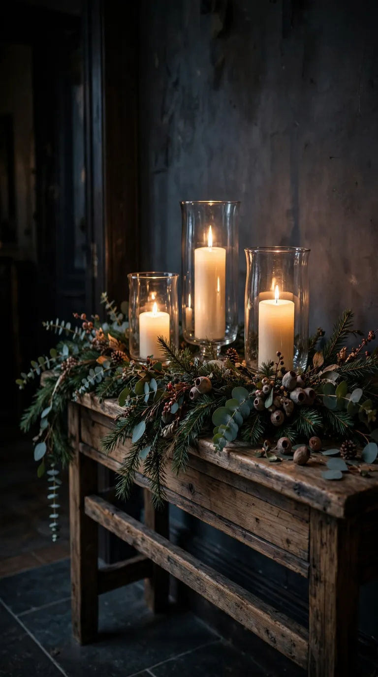Christmas garland draped across a console table with glowing candles